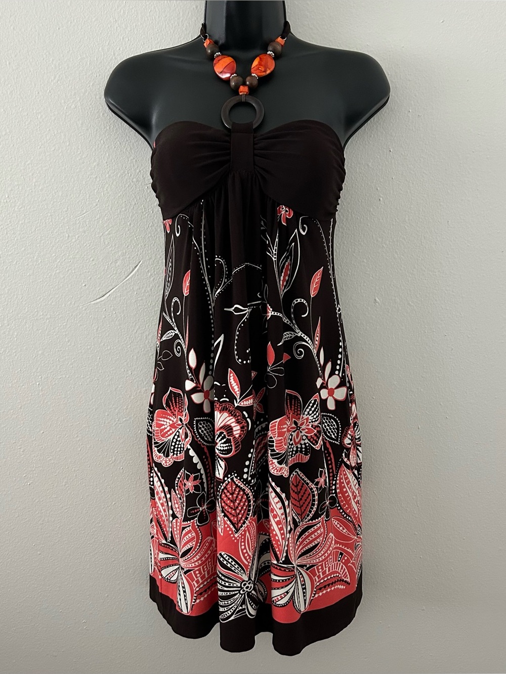 Vintage Y2K Sweet Storm Chunky Beaded Halter Brown Floral Babydoll Dress Size S